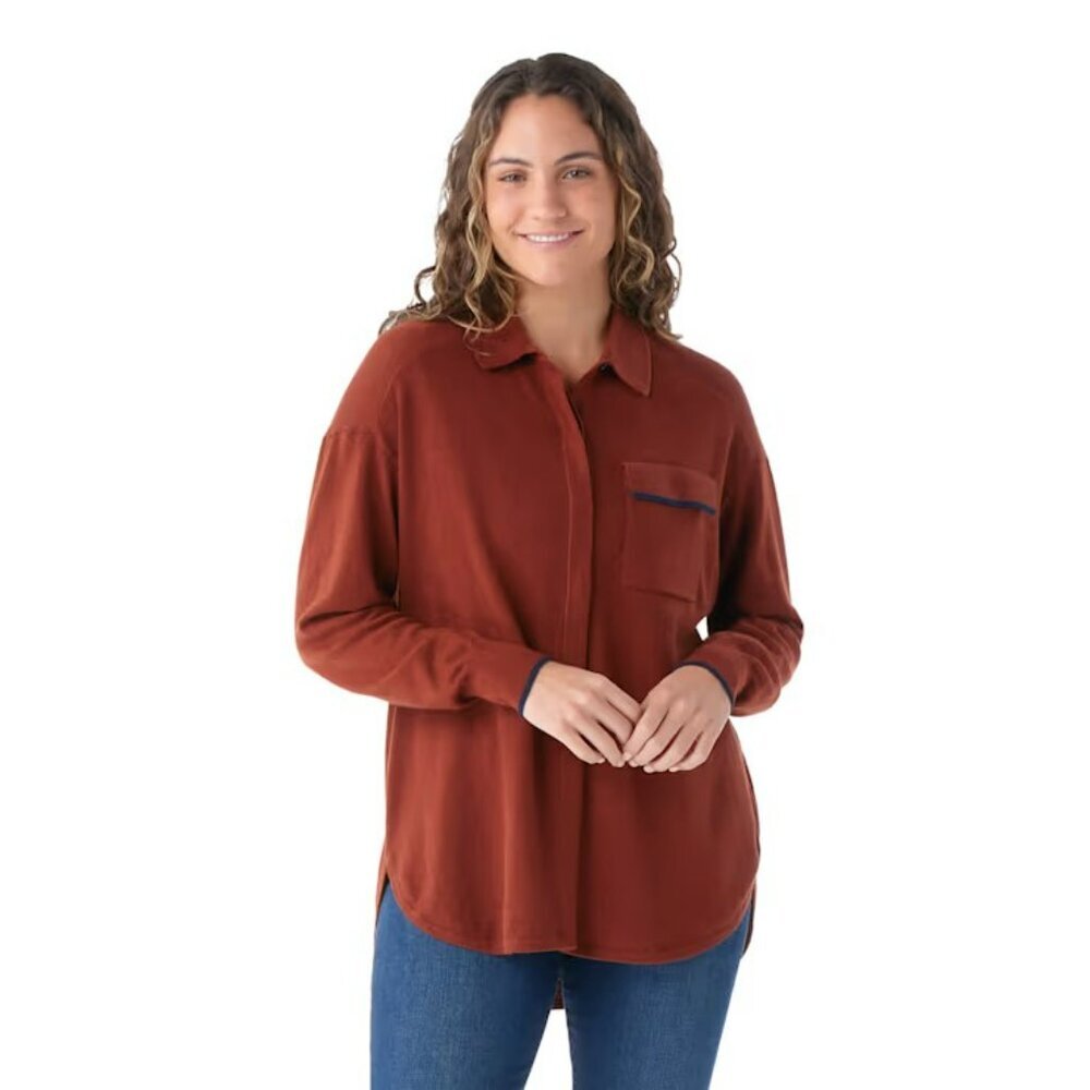 Smartwool Edgewood Button Down Sweater Shirt Brown Navy Trim Size Large